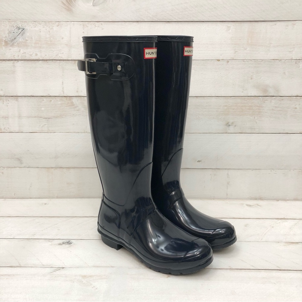 Hunter Navy Gloss Original Tall Rain Boots • Women's Sz 9 • NIB
